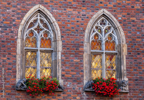 Mullioned windows with flower boxes; Town Hall, Wroclaw, Poland photo