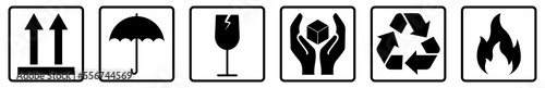 Set of fragile care sign for packing. Warning symbols. Vector illustration isolated on white background