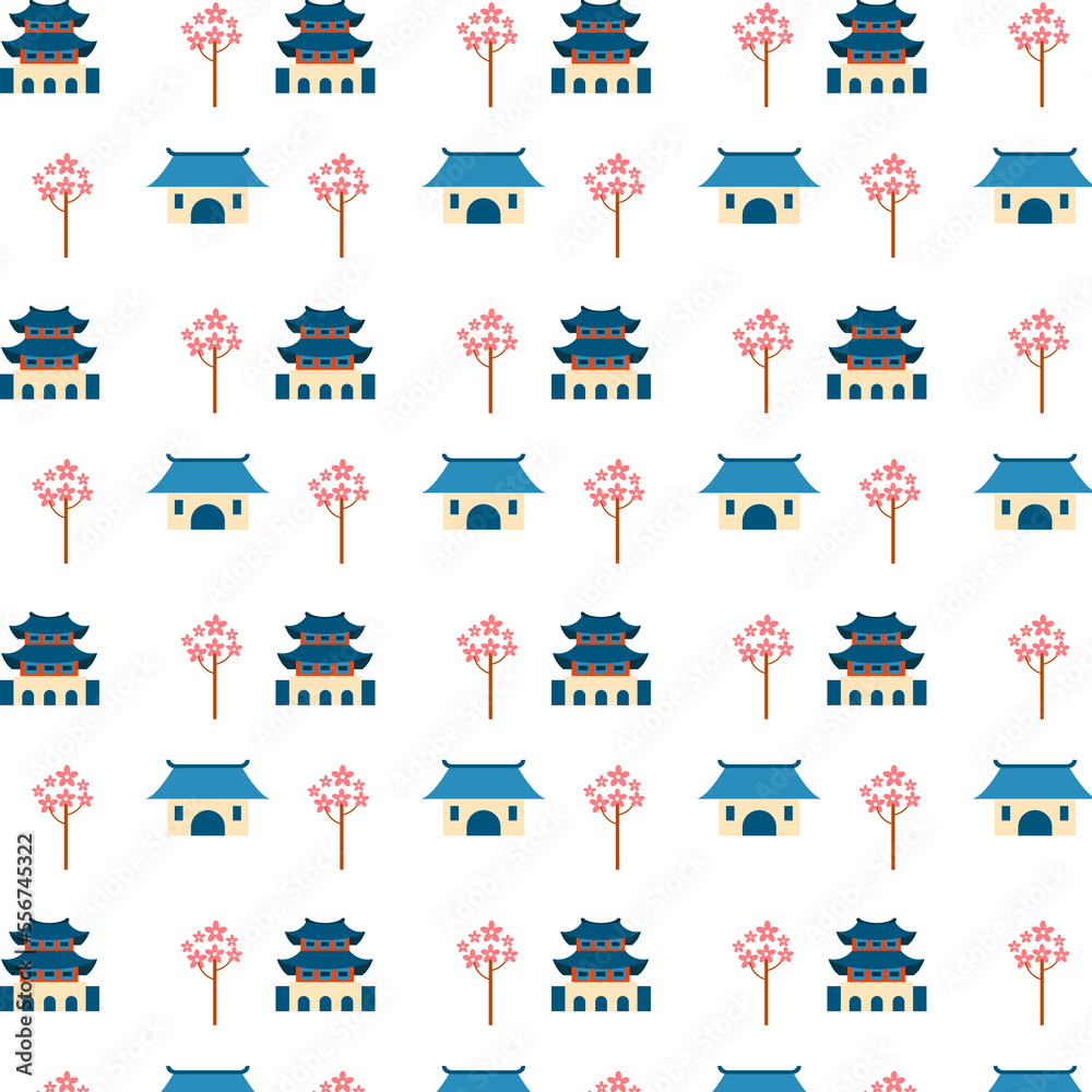 Asian style background with houses and blossoming tree.