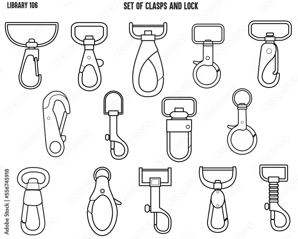 CLASPS, ACCESSSORIES FASTNERS BAGS FASTNERS, BACKPACK FASTNERS AND LOCK FLAT SKETCH VECTOR ILLUSTRATION SET CLASPS, ACCESSSORIES FASTNERS BAGS FASTNERS, BACKPACK FASTNERS AND LOCK FLAT SKETCH VECTOR ILLUSTRATION SET