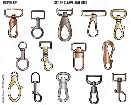 CLASPS, ACCESSSORIES FASTNERS  BAGS FASTNERS, BACKPACK FASTNERS AND LOCK FLAT SKETCH VECTOR ILLUSTRATION SET