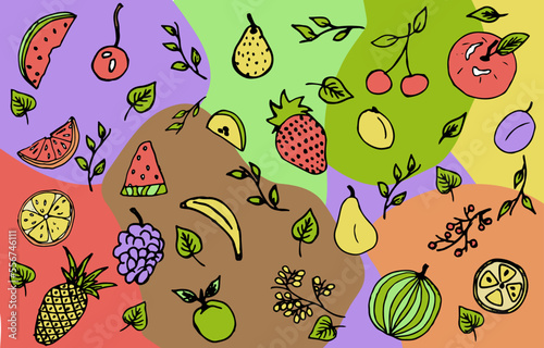 A set of colorful hand-drawn fruit in a doodle style. Vector vivid illustration on colored background