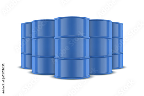Vector 3d Realistic Five Blue Barrels, Hazard Liquid. Caution Barrel, Radioactive, Hazardous Chemical Materials, Toxic Pollution, Many Danger Barrels, Set Closeup Isolated. Front View