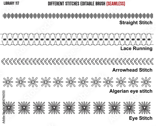 SET OF SEAMLESS SEWING STITCH BRUSH PATTERN DESIGNED FOR GARMENTS, BAGS, APPARELS AND CLOTHINGS IN EDITABLE VECTOR