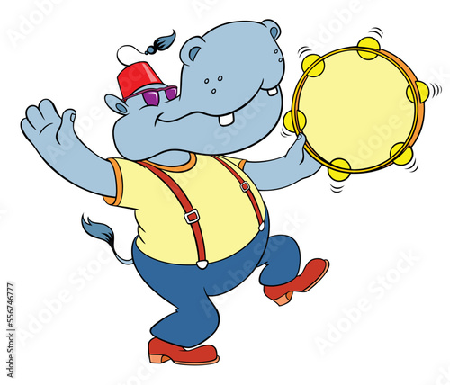 Funny cartoon hippo. Color vector image of a funny hippopotamus, isolated on white. A hippopotamus in a Turkish fez dances with a tambourine.