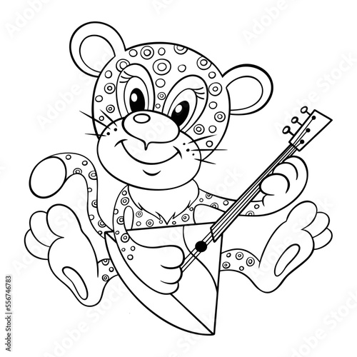 Outline vector image of a jaguar or leopard cub, isolated on white. Cute cartoon little jaguar with balalaika. Jaguar drawing for children's coloring. Baby leopard plays the balalaika.