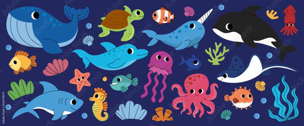 Naklejka premium Set of marine animals. Childish aquatic turtle, whale, narwhal, dolphin, octopus, shark, jellyfish, seahorse, fishes, coral, killer whale. Inhabitants of sea, ocean underwater life. Cartoon vector.