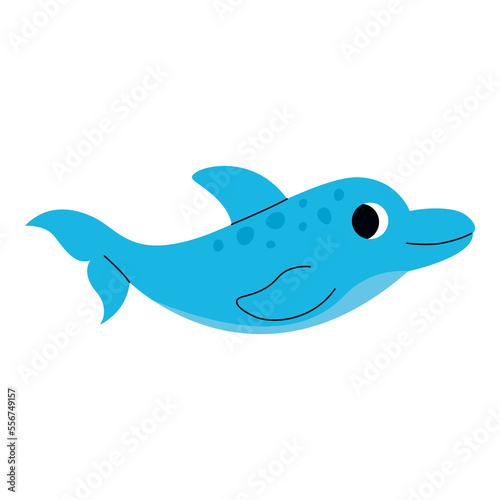 Cute blue dolphin swimming  marine animal. Giant inhabitants of sea  ocean underwater life. Childish aquatic mammals print for nursery  kids apparel  poster  postcard  pattern. Cartoon vector.