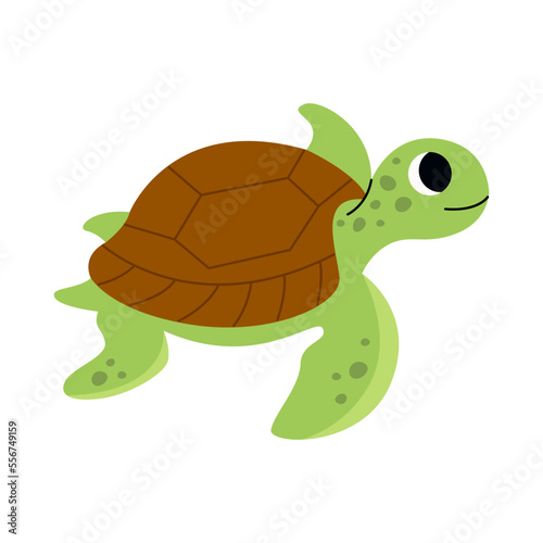 Cute green turtle swimming, marine animal. Inhabitants of sea, ocean underwater life. Childish aquatic mammals print for nursery, kids apparel, poster, postcard, pattern. Cartoon vector.