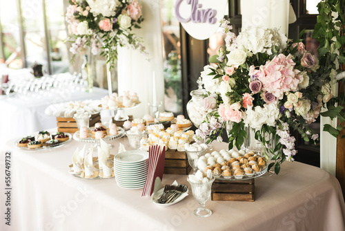 Interior of a restaurant prepared for wedding ceremony