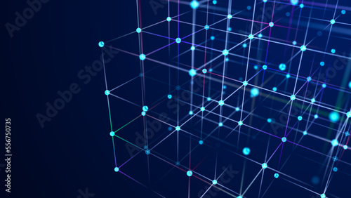 Digital blockchain concept. Data storage in separate cells. Abstract background with dots and connection lines. 3D .