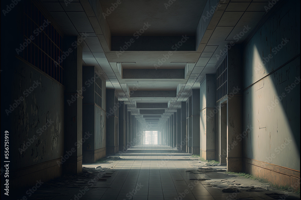 Empty ruined hallway tunnel background, 