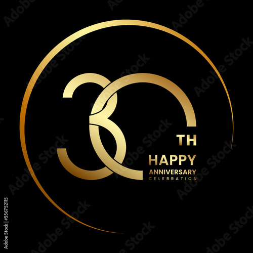 30th anniversary logo design with ring and golden text. Logo Vector Illustration