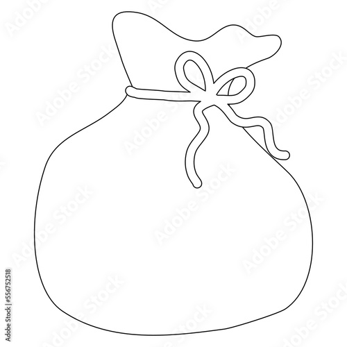 Closed sack or big bag full of gifts, doodle style flat vector outline for kids coloring book