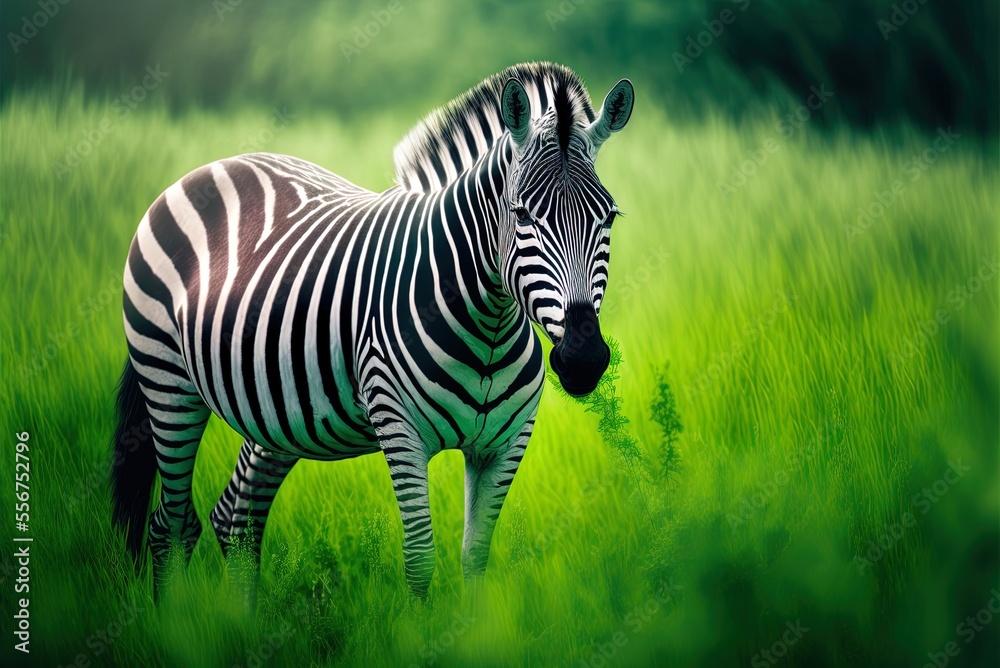 Fototapeta premium a stunning zebra in a field of lush green grass, captured with a shallow depth of field Generative AI