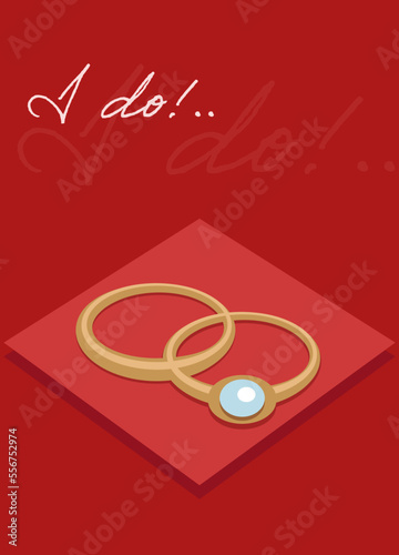 Passionate burgundy vector postcard cover with two engagement rings laying on the napkin and words I do!.. made in white colour handwriting font
