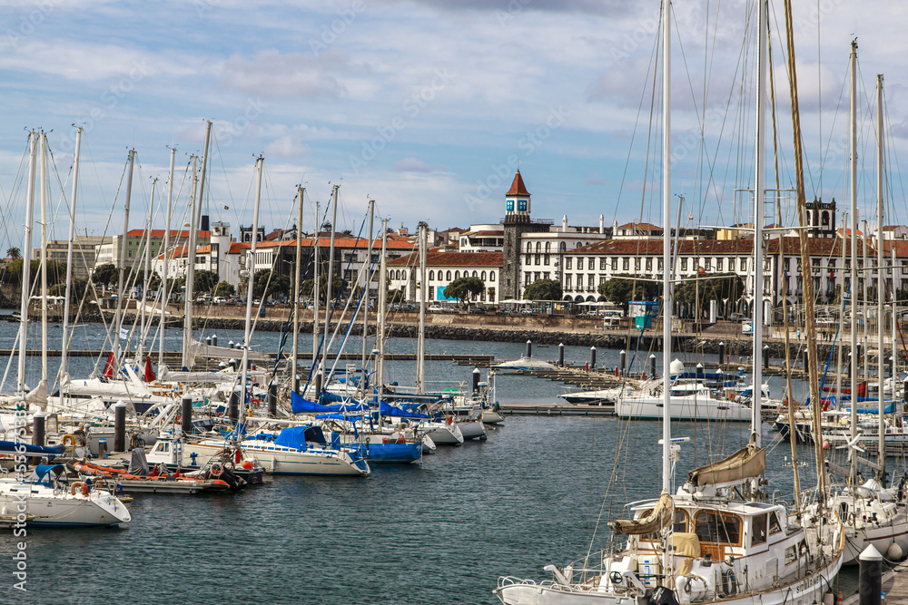 Marina and skyline of the historical Harbor Front of Ponta Delgada, the ...