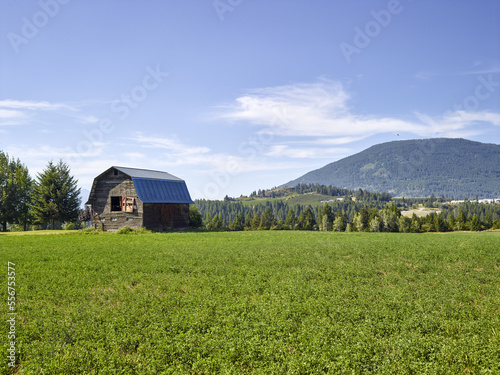 Creston Barn with a fallow field in the foreground and a mountain peak in the background on a sunny day; Creston, Alberta, Canada photo