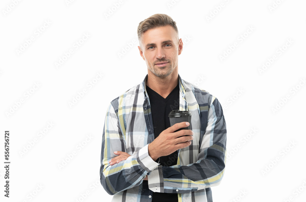 caucasian mature man with coffee in studio. mature man hold coffee wearing checkered shirt. caucasian mature man with coffee in studio. mature man hold coffee wearing checkered shirt.
