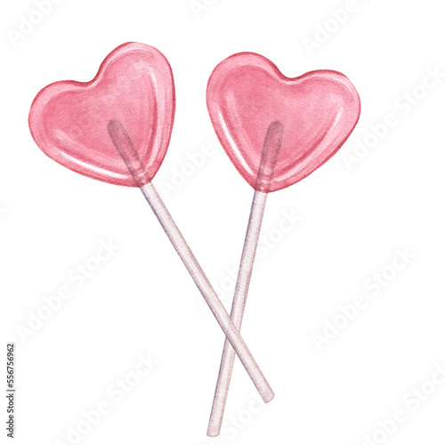 Fotografie Two sweet sugar heart pink lollipop on a stick