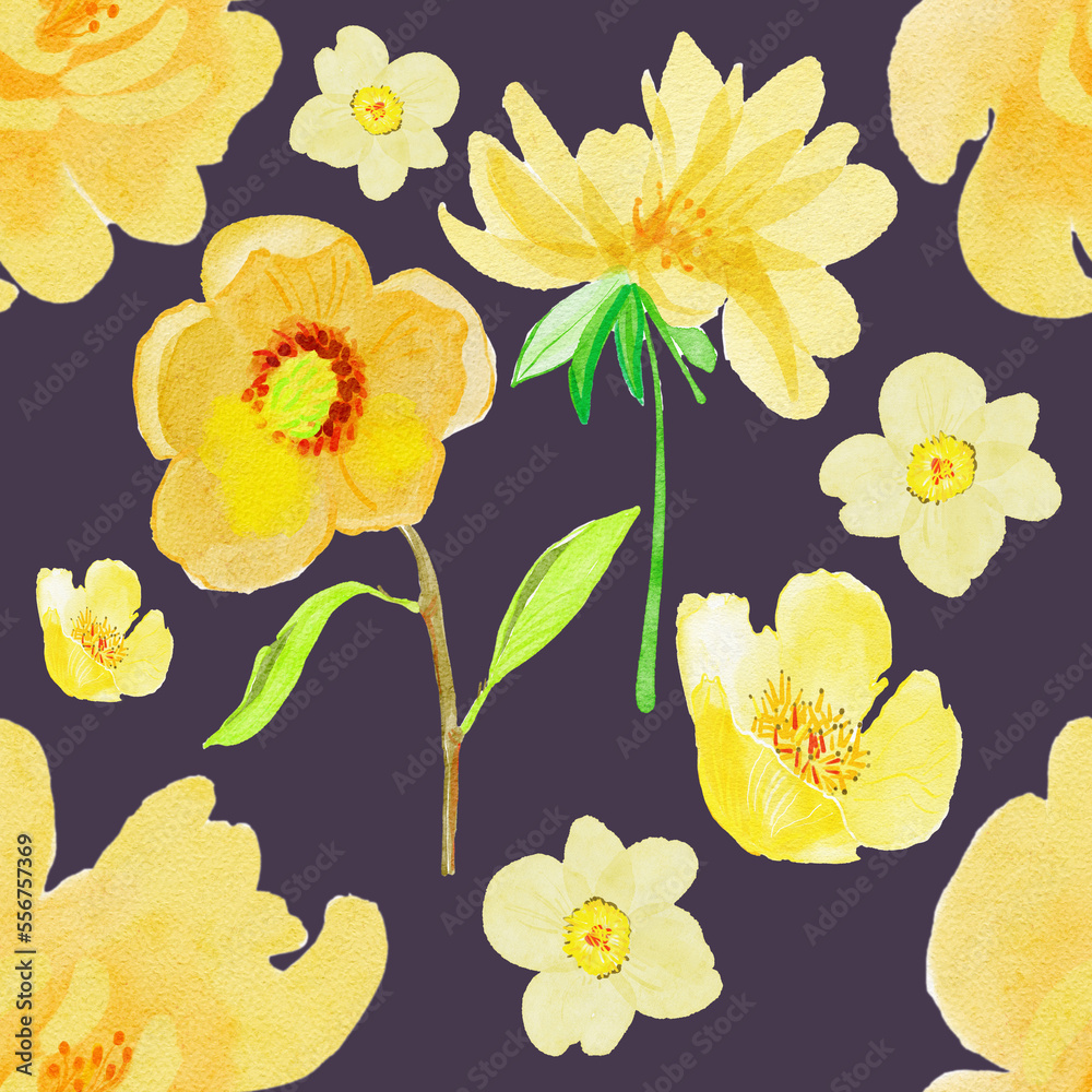 seamless background with flowers. Yellow peony on black background. 