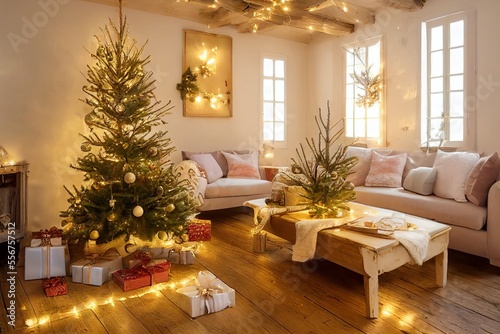 Cozy vintage Christmas holdiay decorated room with Christmas tree  fireplace  candles  toys  carpet and armchair.