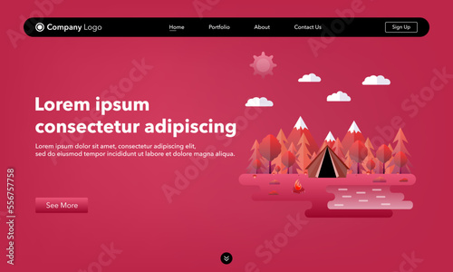 Landing page concept. Vector illustration in trendy and modern flat style. Beautiful forest scene. Modern color Viva Magenta. Tent, trees, mountains, forest.