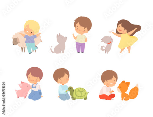 Cute Little Boy and Girl Interacting with Animal in Petting Zoo Vector Set