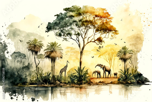 Digital Watercolor art painting, of jungle animal and trees and birds. Generative ai © NelsonCharette Media
