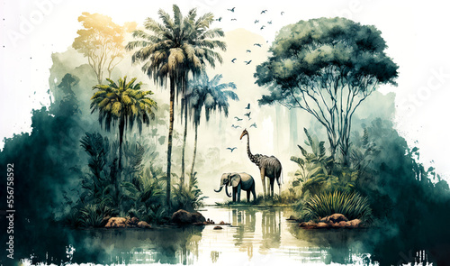 Digital Watercolor art painting  of jungle animal and trees and birds. Generative ai