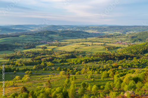 Mountain landscape at dusk in springtime, Abtsrodaer Kuppe, Wasserkuppe; Poppenhausen, Rhon, Hesse, Germany photo