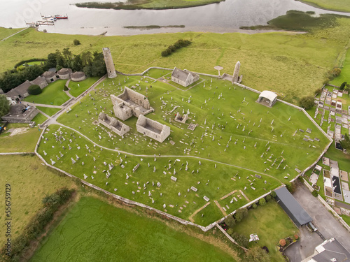 Aerial of the Clonmacnoise Monastic Site ruins along the River Shannon, County Offaly, Ireland photo