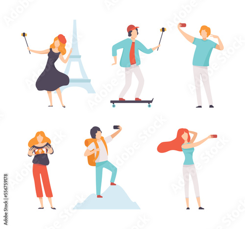 Young Man and Woman Taking Selfie with Smartphone Camera Vector Set