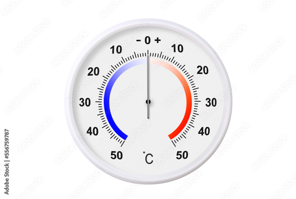 Celsius scale thermometer isolated on transparent background. PNG file. Ambient temperature zero degrees - obrazy, fototapety, plakaty 