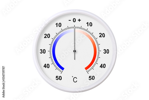 Celsius scale thermometer isolated on transparent background. PNG file. Ambient temperature zero degrees photo