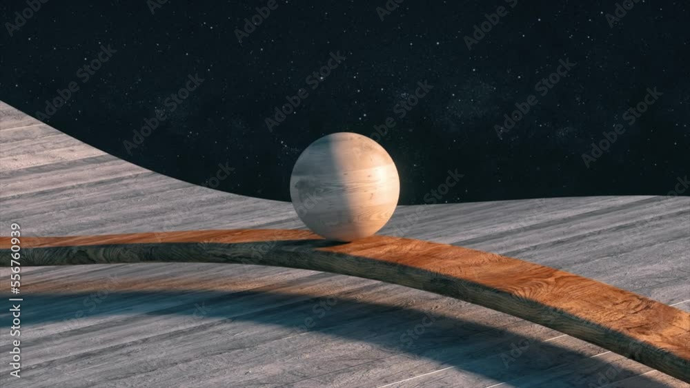 A wooden ball rolling along a wooden geometry on a cosmic background. Satisfying video. Smooth light, realistic dynamics. 3d animation of a seamless cycle