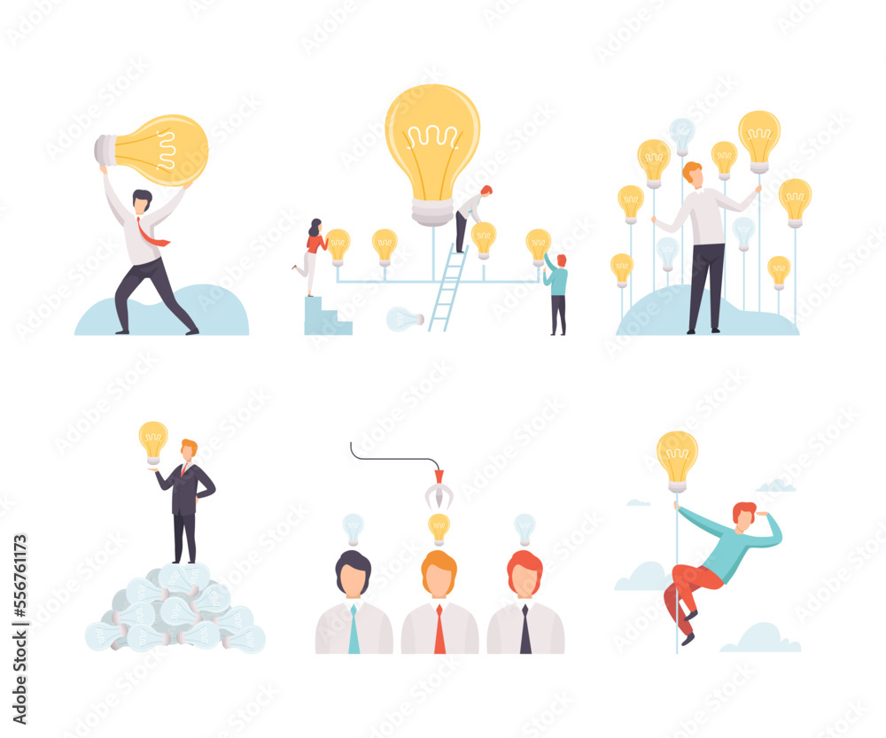 Creative Idea Searching with Business Man with Light Bulb Vector Set