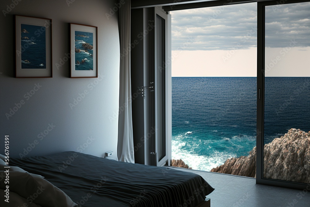 Fototapeta premium A bedroom overlooking the blue sea from an open window, generative ai