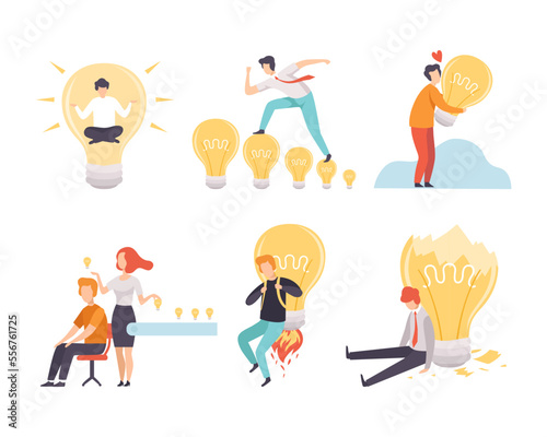 Creative Idea Searching with Business Man with Light Bulb Vector Set