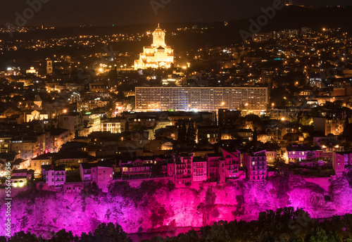 Holy Trinity Orthodox Cathedral lit up at night in Caucasus, Tbilisi, Georgia; Tbilisi, Georgia