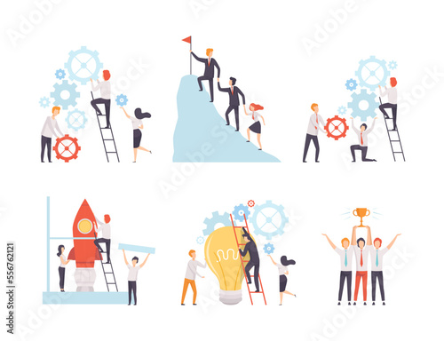 Office Colleague Working Together Spinning Gear and Climbing Mountain Top Vector Set