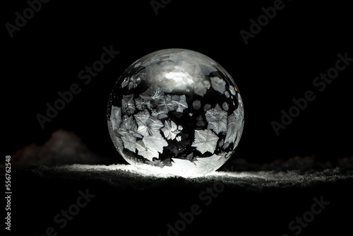 Ice crystals in a bubble illuminated on snow in black and white; Alberta, Canada