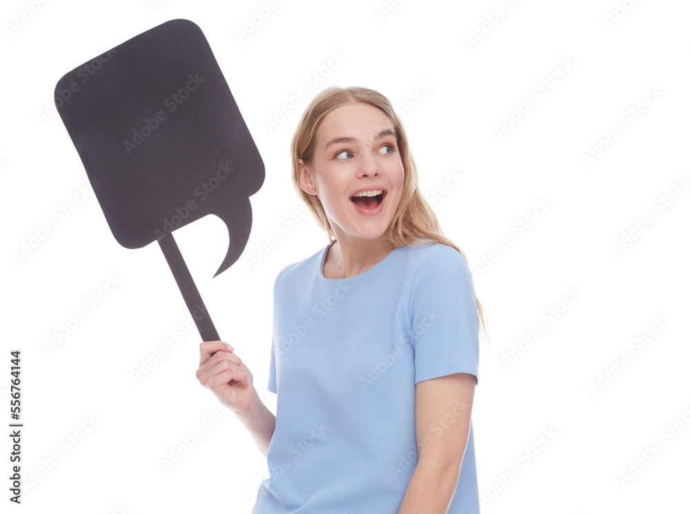 Woman holding a blank billboard isolated on white background Woman holding a blank billboard isolated on white background