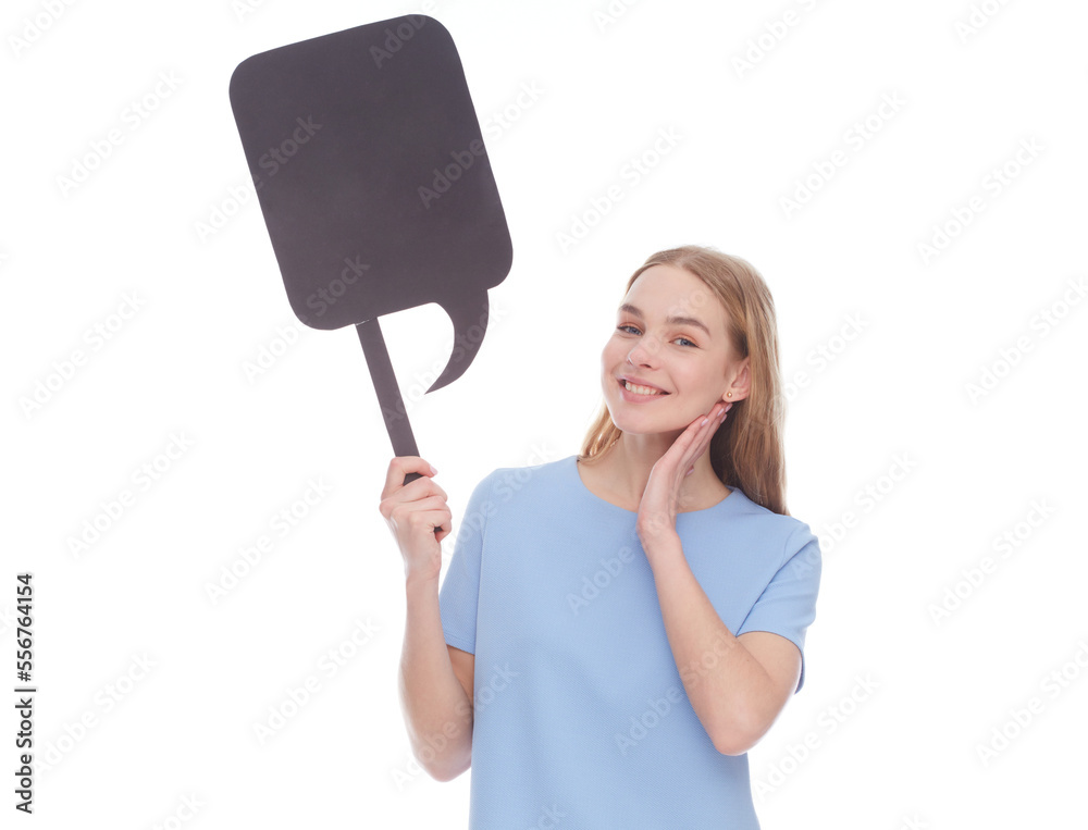 emotional woman showing empty signboard with copy space isolated on white emotional woman showing empty signboard with copy space isolated on white