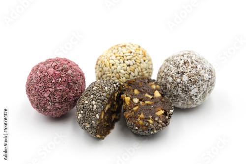 Delicious and healthy vegetarian candies isolated on white background. Lactose free, sugar free, vegan