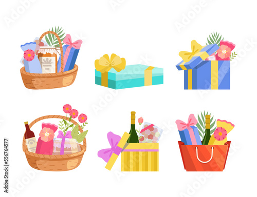 Gift wicker basket, box and bag with bottle of wine and sweets. Christmas and new year, birthday, anniversary and wedding presents cartoon vector illustration