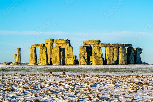 Close-up of Stonehenge defined by early morning snow; Wiltshire, England, United Kingdom photo