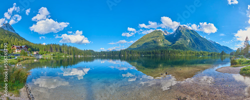 The clear waters of Lake Hintersee in the Bavarian Alps; Berchtesgadener Land, Ramsau, Bavaria, Germany photo