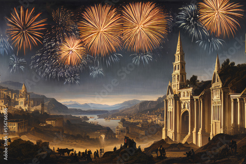 fireworks in a fantasy city at new year, Generative AI 