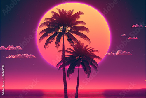 Vaporwave synthwave beach landscape with palm trees illustration,